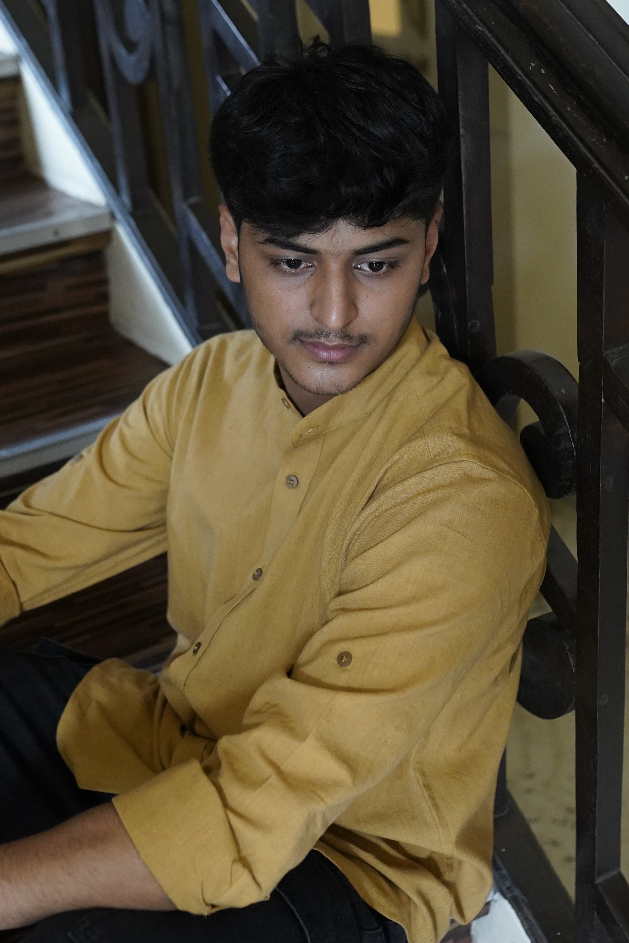 Khadi Shirt for Men – Mandarin Collar, No Pocket, Full Sleeves – Mustard