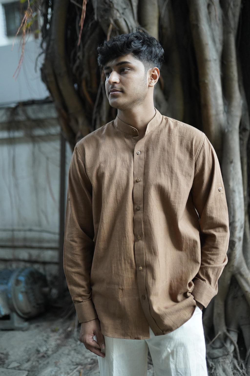 Khadi Shirt for Men – Mandarin Collar, No Pocket, Full Sleeves – Brown