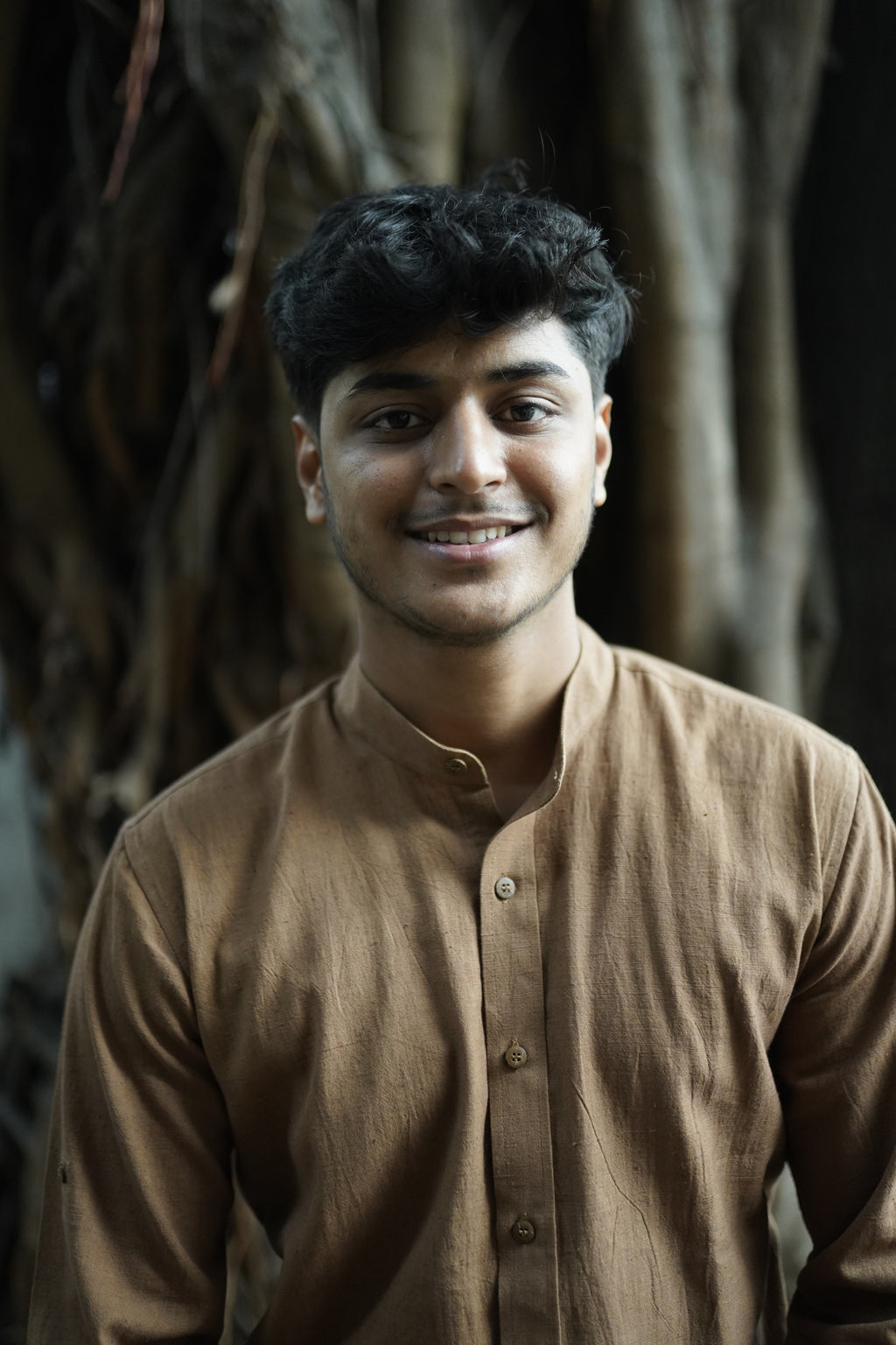 Khadi Shirt for Men – Mandarin Collar, No Pocket, Full Sleeves – Brown