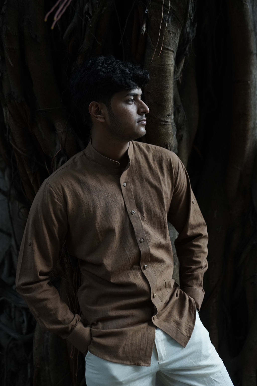 Khadi Shirt for Men – Mandarin Collar, No Pocket, Full Sleeves – Brown