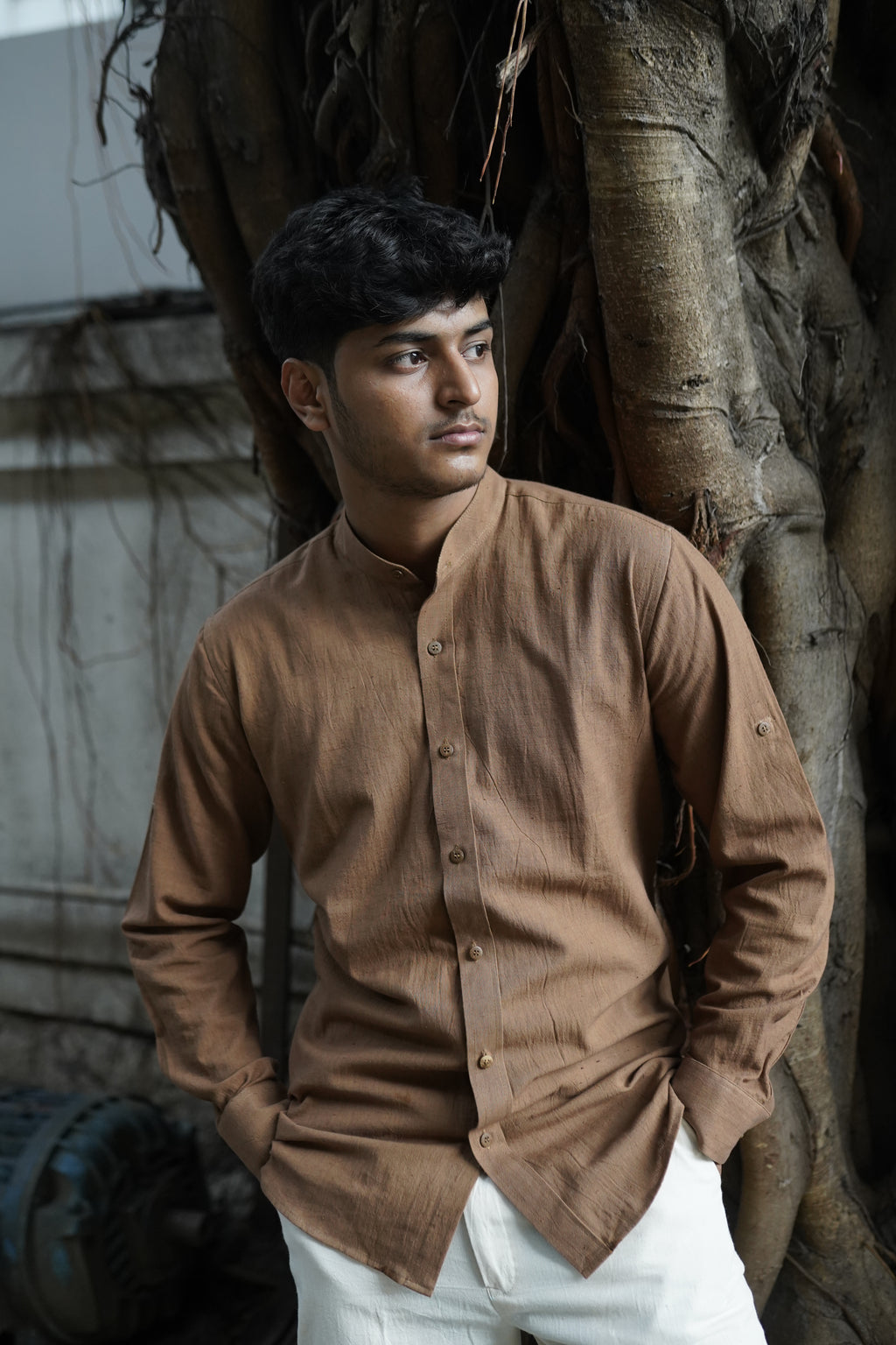Khadi Shirt for Men – Mandarin Collar, No Pocket, Full Sleeves – Brown