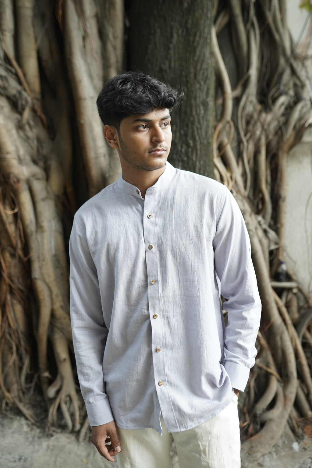 Khadi Shirt for Men – Mandarin Collar, No Pocket, Full Sleeves – Grey