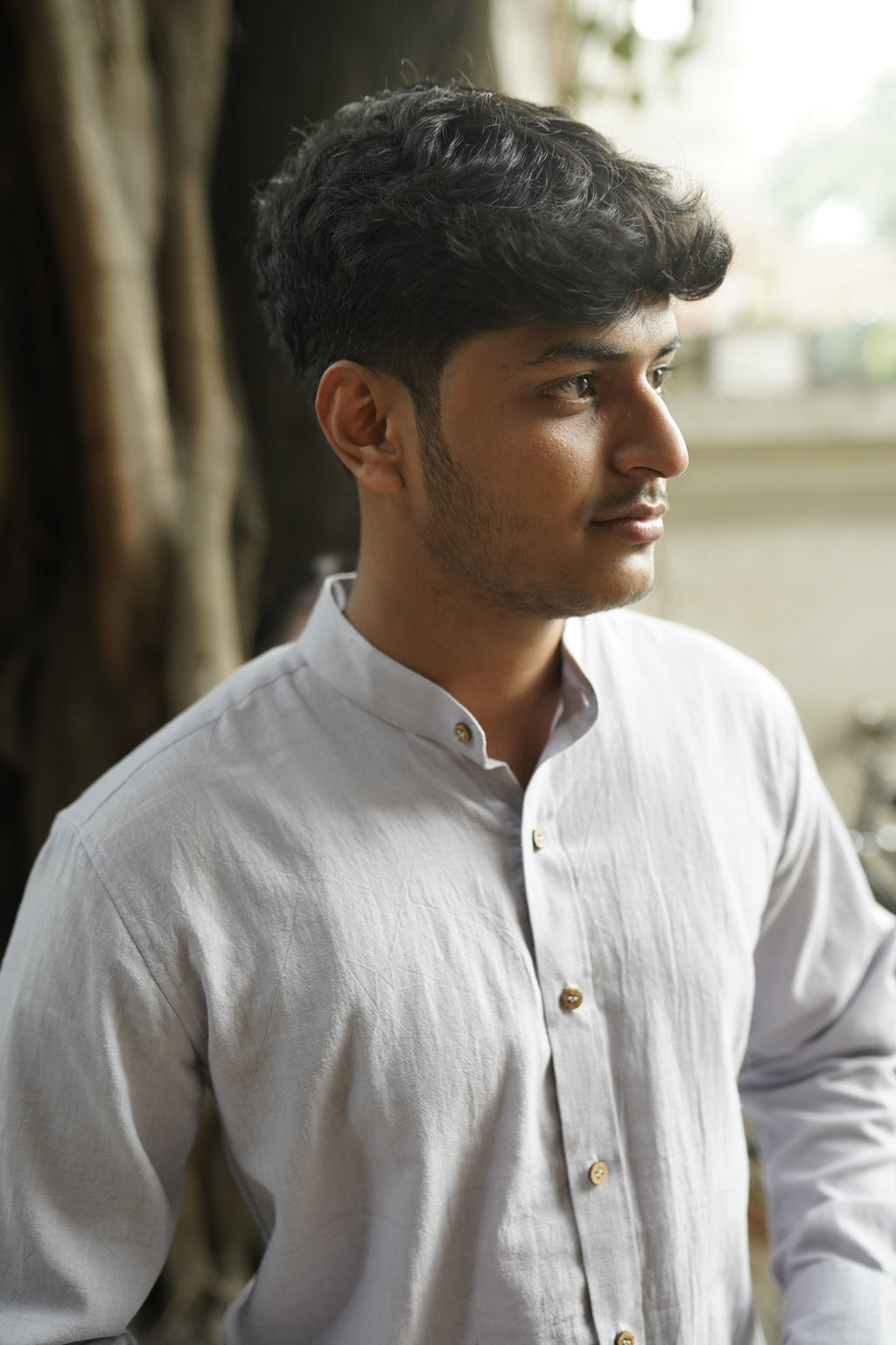 Khadi Shirt for Men – Mandarin Collar, No Pocket, Full Sleeves – Grey