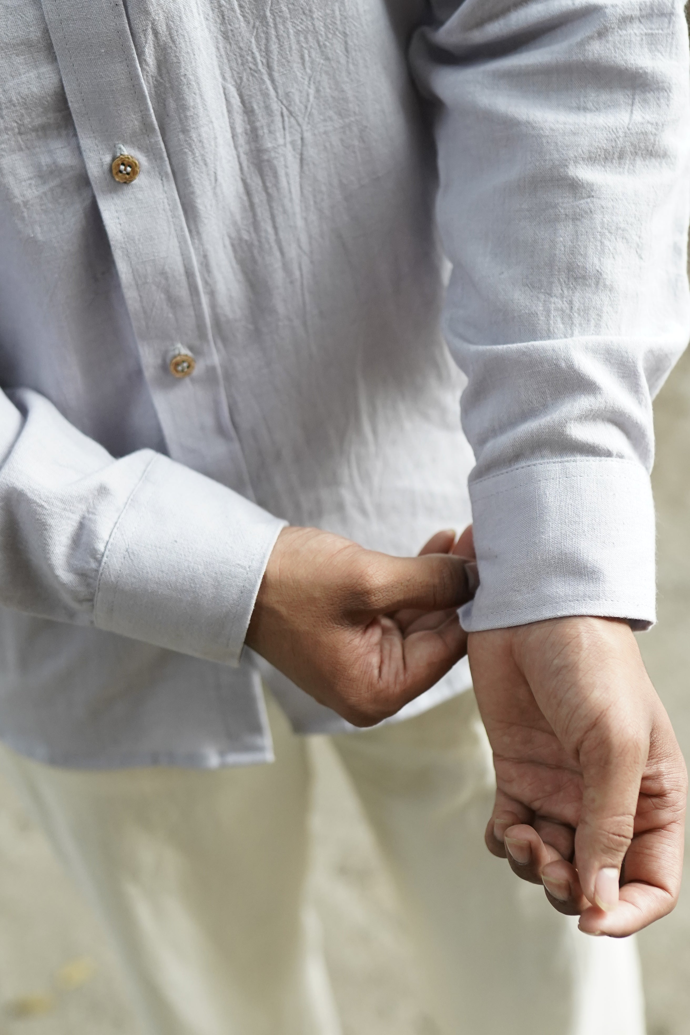 Khadi Shirt for Men – Mandarin Collar, No Pocket, Full Sleeves – Grey