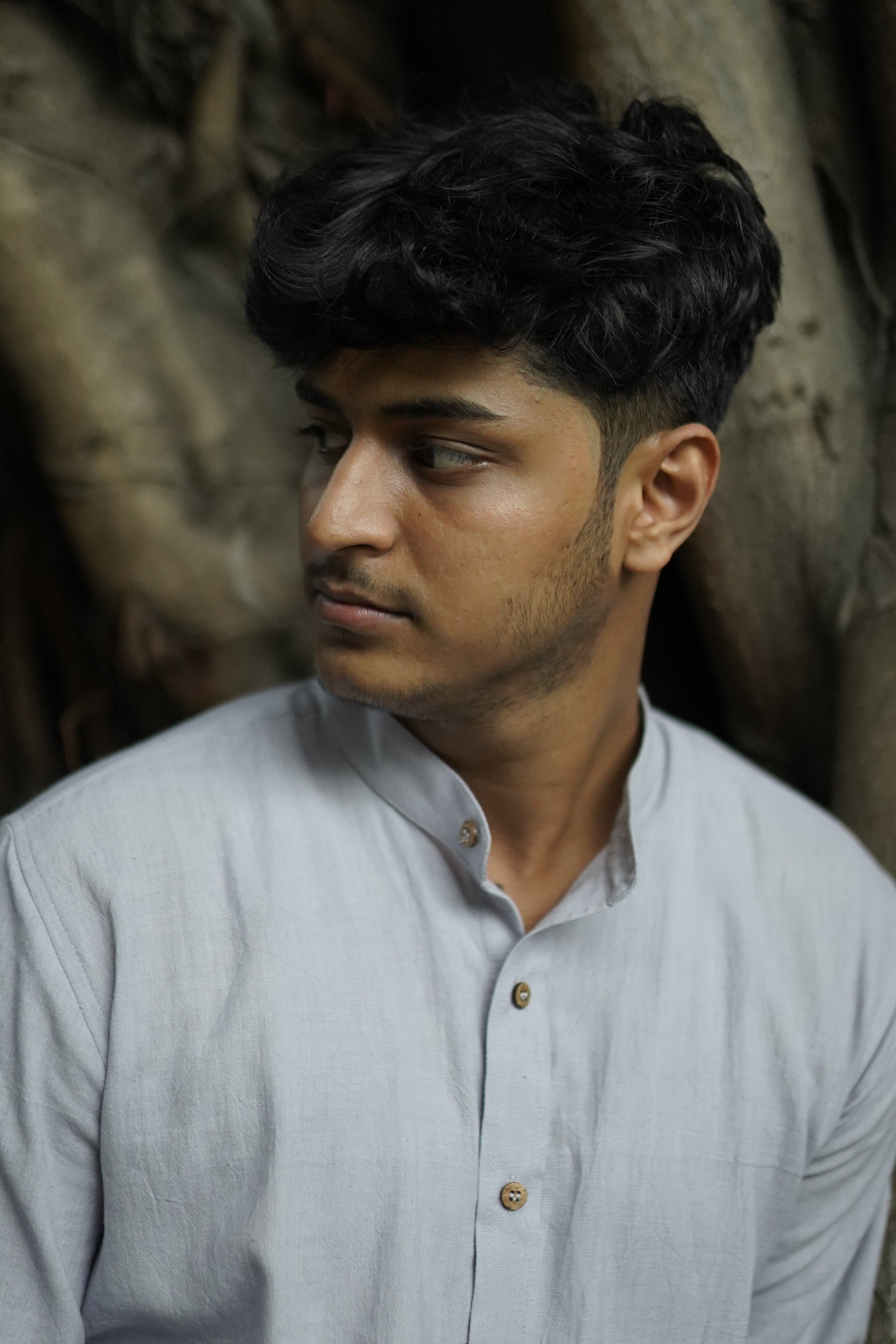 Khadi Shirt for Men – Mandarin Collar, No Pocket, Full Sleeves – Grey