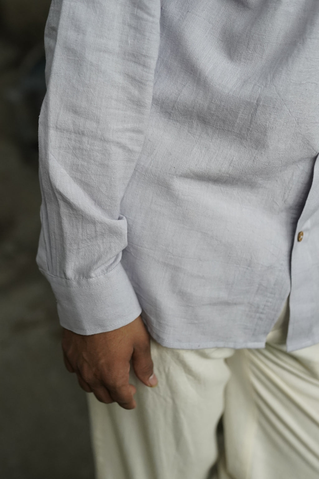 Khadi Shirt for Men – Mandarin Collar, No Pocket, Full Sleeves – Grey