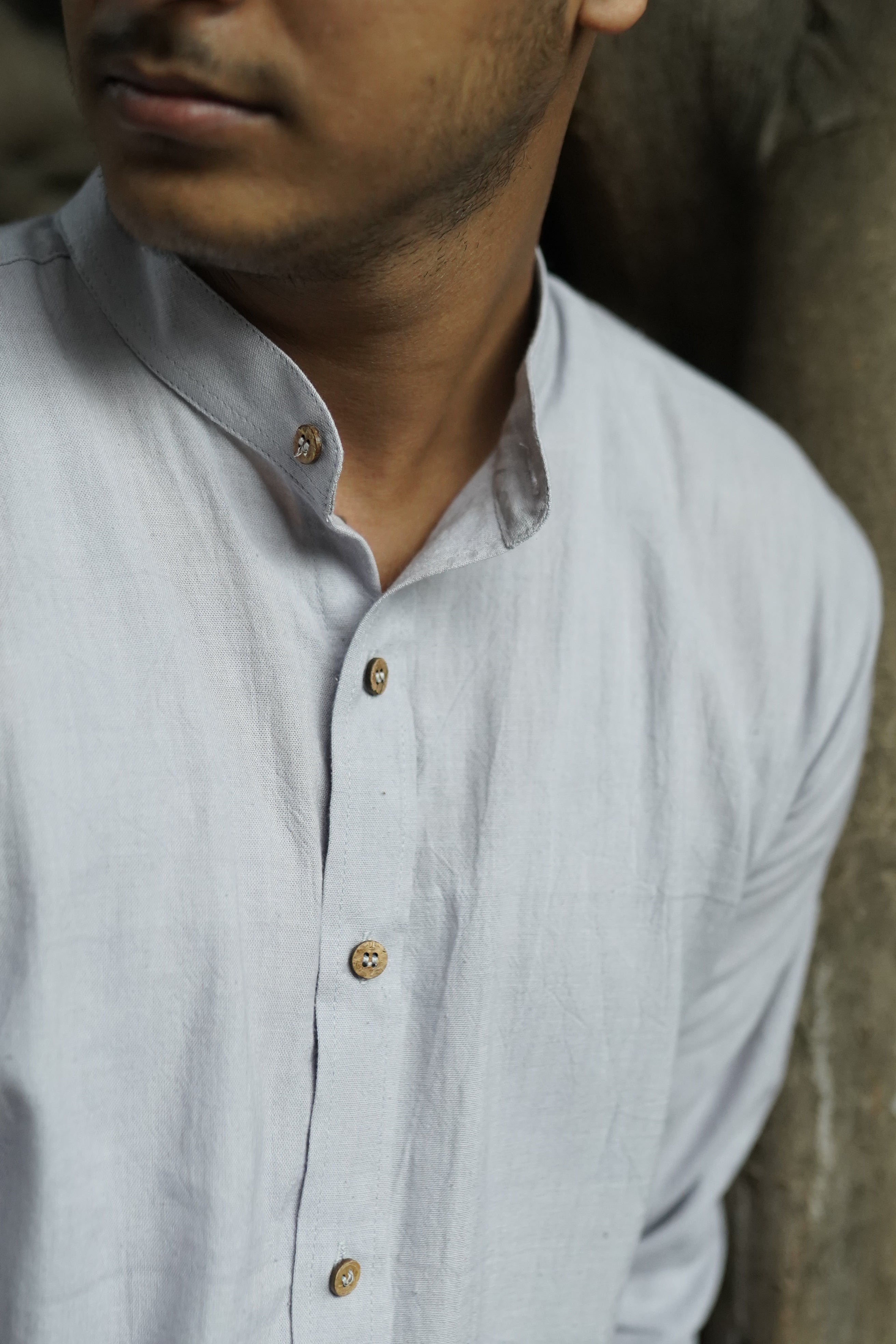 Khadi Shirt for Men – Mandarin Collar, No Pocket, Full Sleeves – Grey