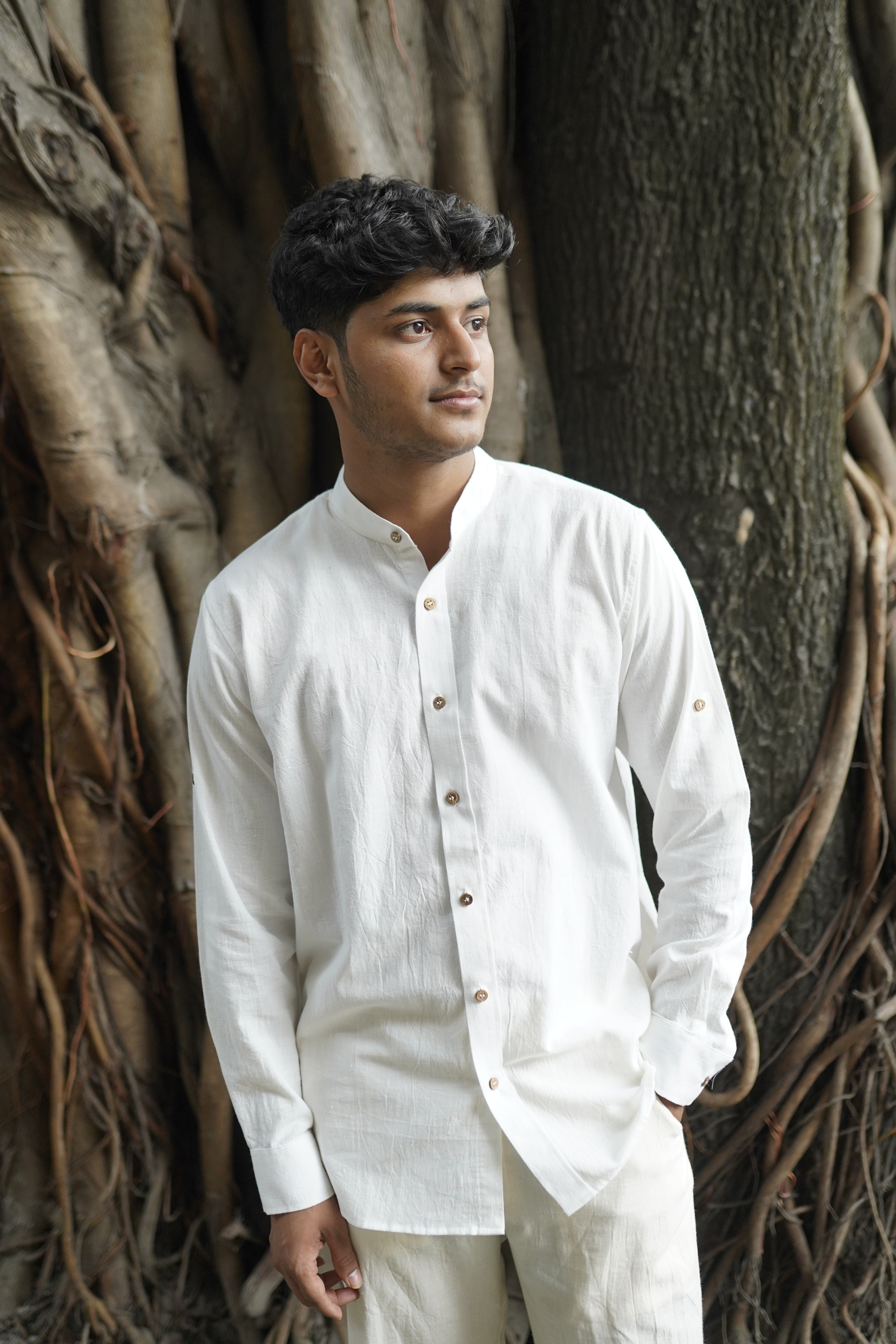 Khadi Shirt for Men – Mandarin Collar, No Pocket, Full Sleeves – White