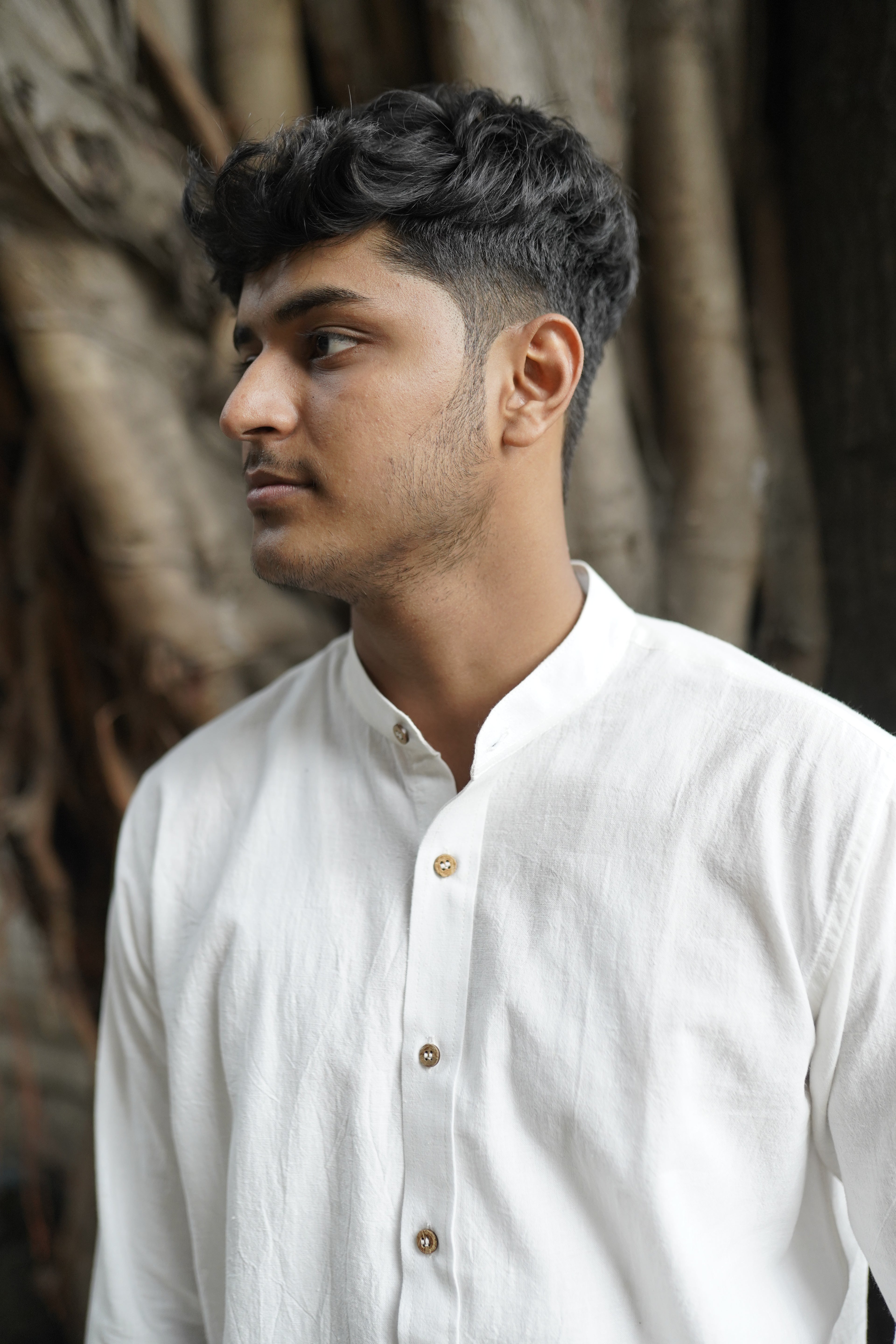 Khadi Shirt for Men – Mandarin Collar, No Pocket, Full Sleeves – White