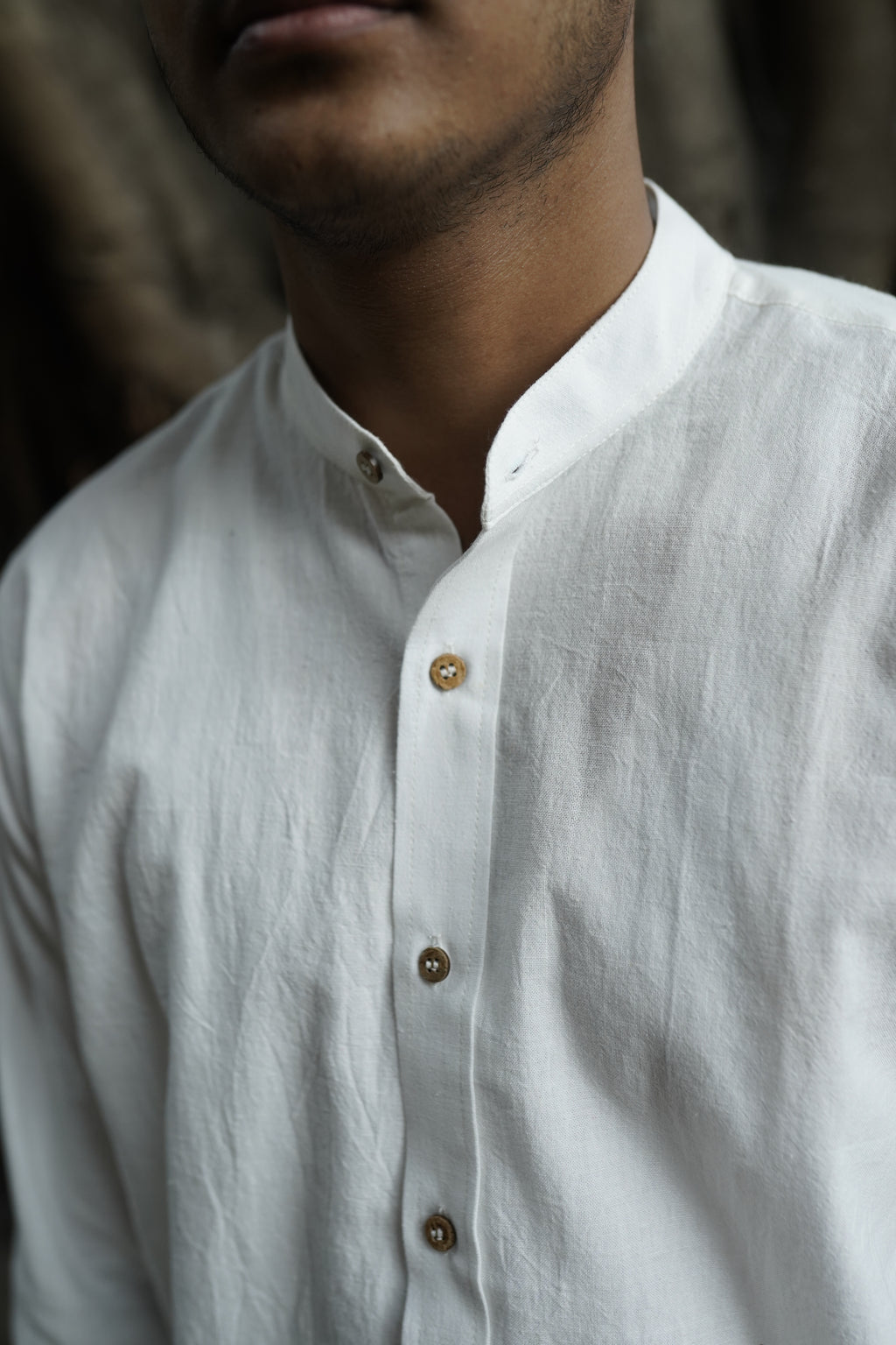 Khadi Shirt for Men – Mandarin Collar, No Pocket, Full Sleeves – White