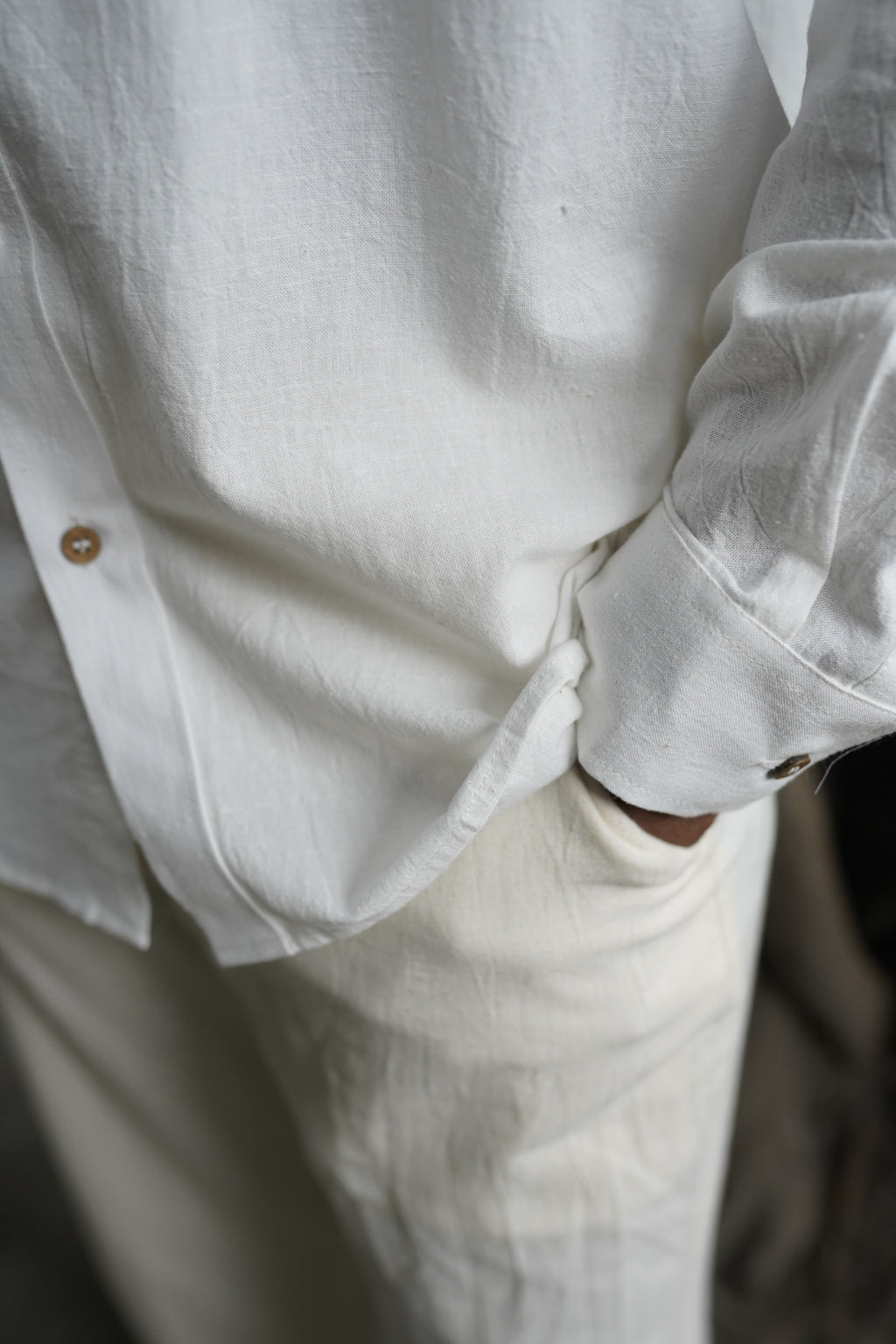 Khadi Shirt for Men – Mandarin Collar, No Pocket, Full Sleeves – White