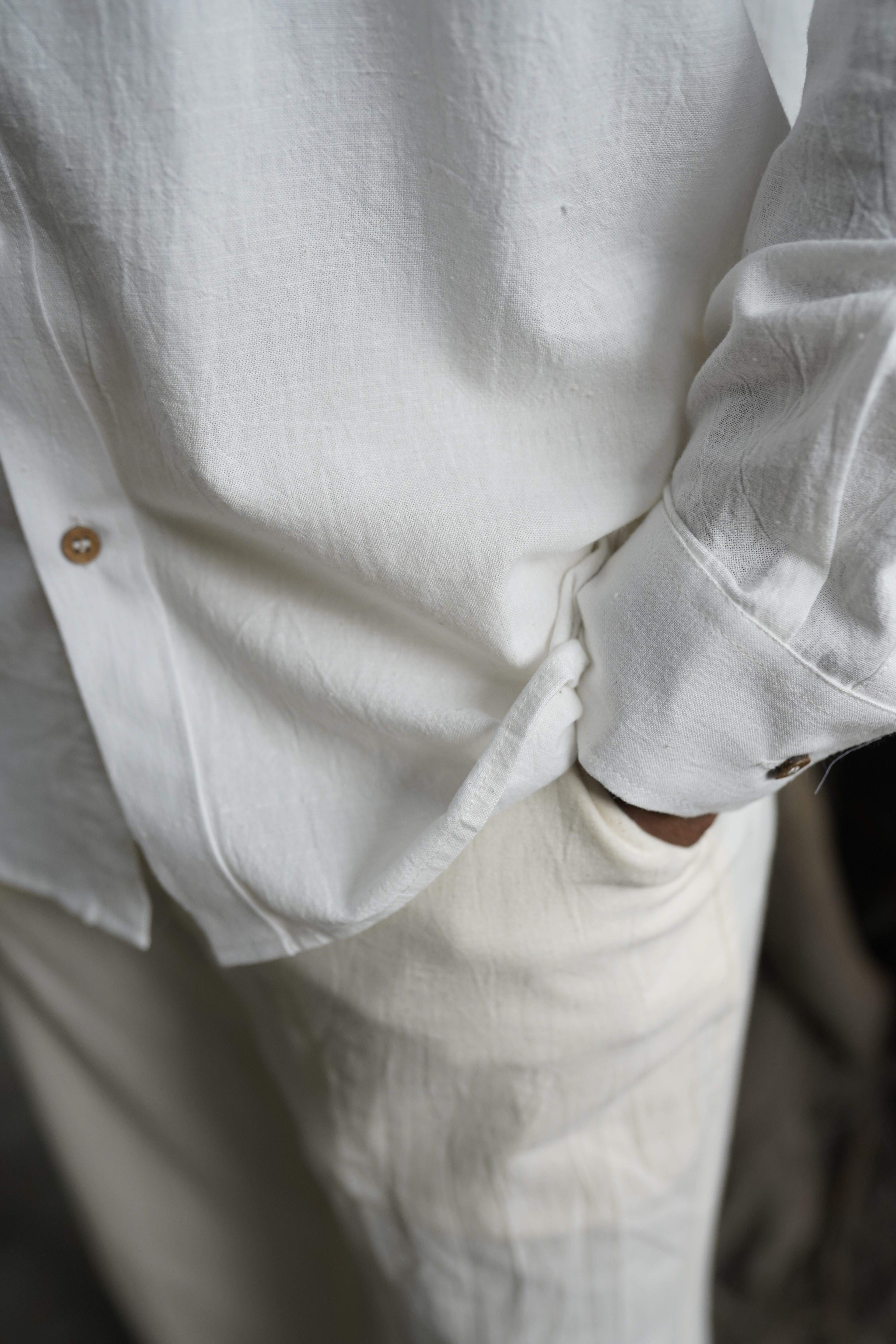 Khadi Shirt for Men – Mandarin Collar, No Pocket, Full Sleeves – White