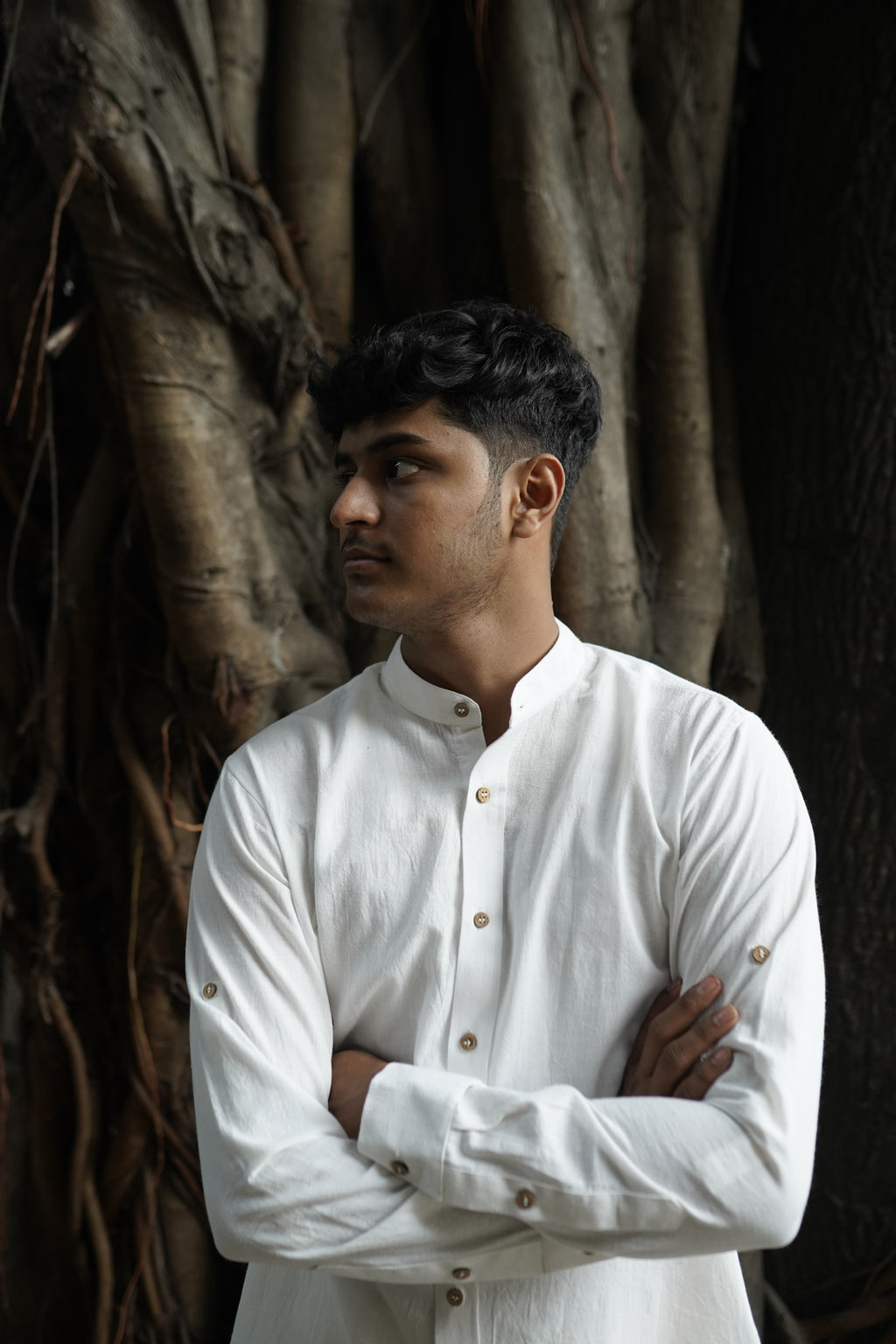 Khadi Shirt for Men – Mandarin Collar, No Pocket, Full Sleeves – White