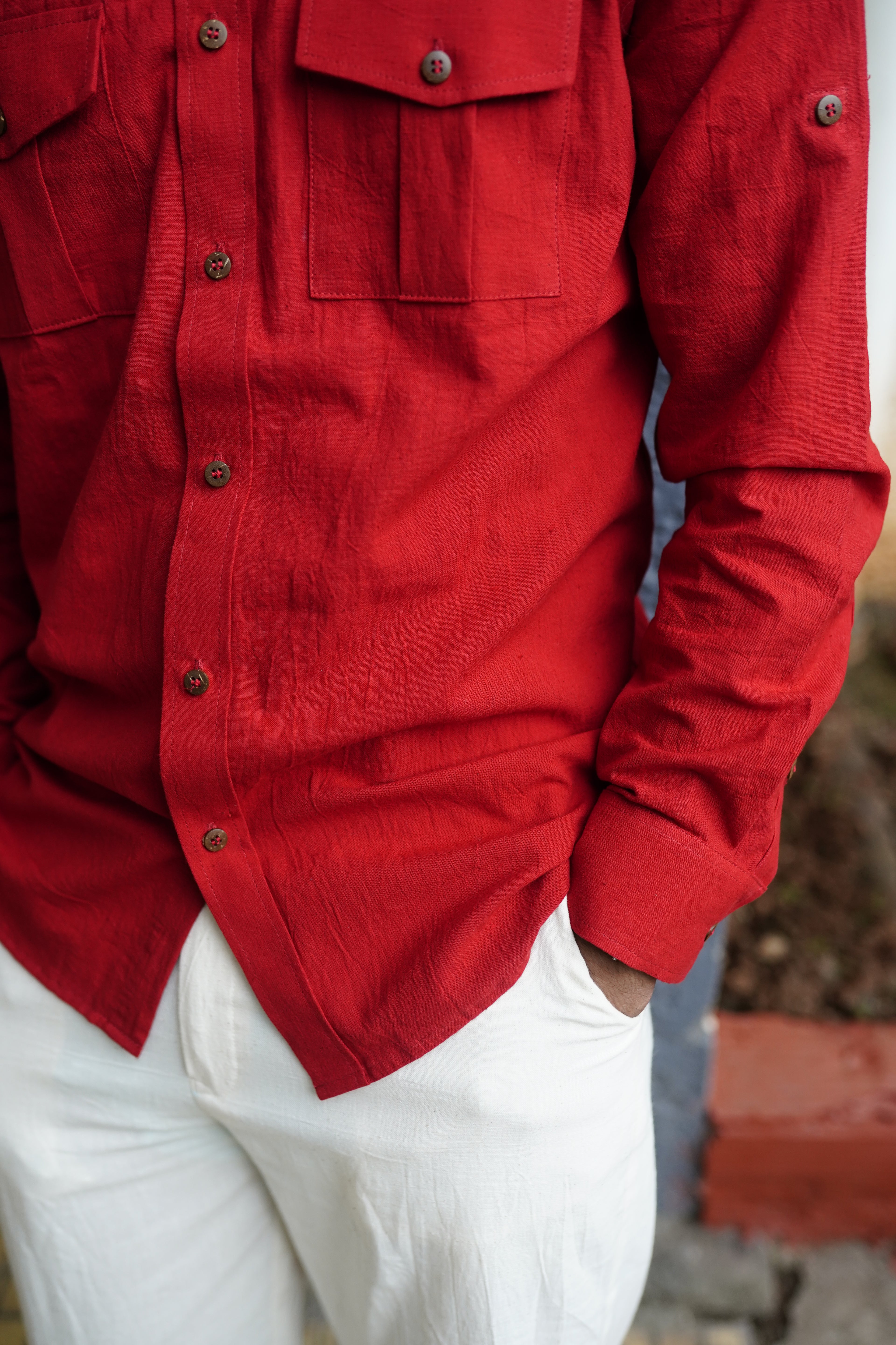 Khadi Shirt for Men – Double Pocket, Full Sleves- Brick Red