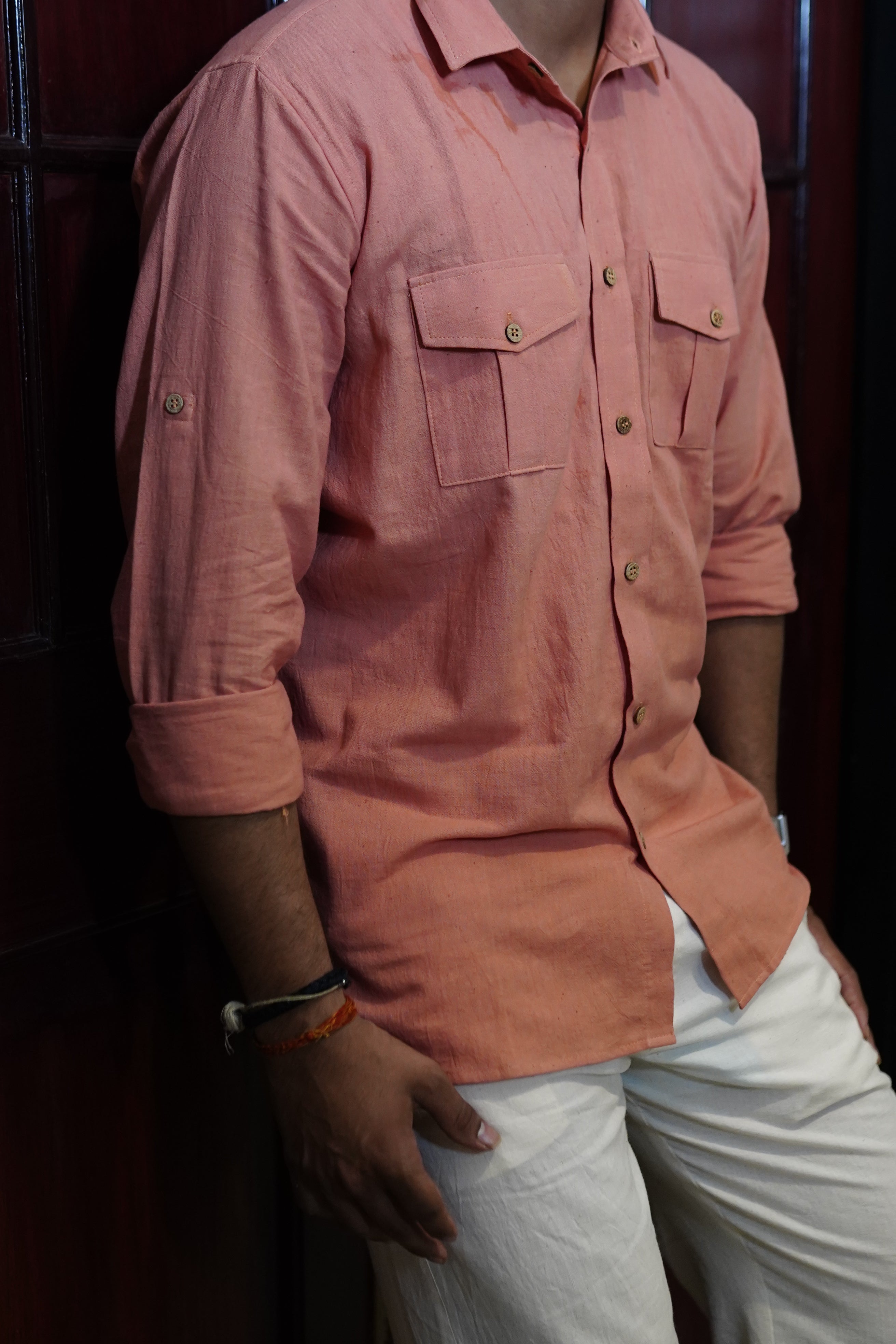 Khadi Shirt for Men – Double Pocket, Full Sleves- Orange