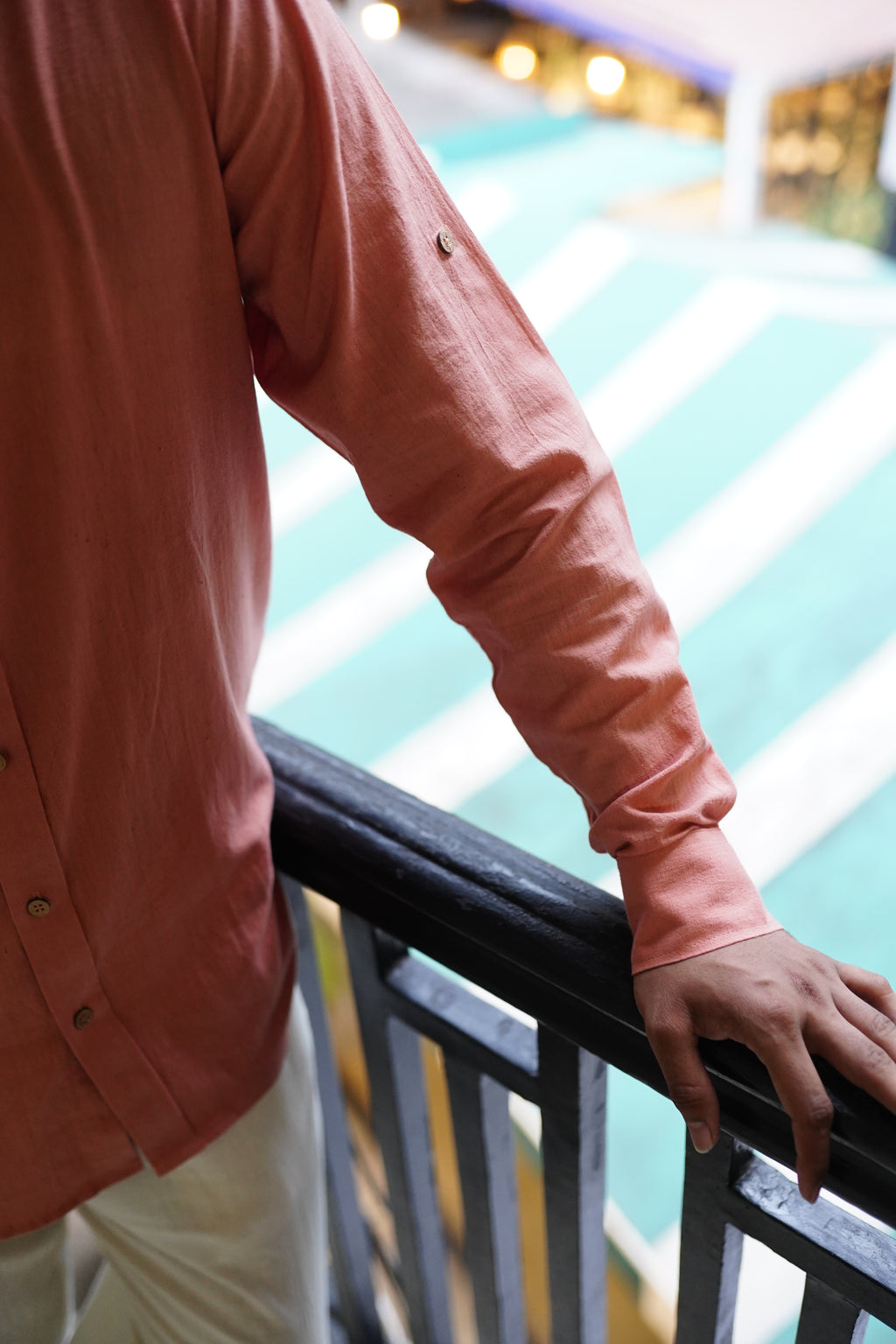 Khadi Shirt for Men – Mandarin Collar, No Pocket, Full Sleeves – Orange