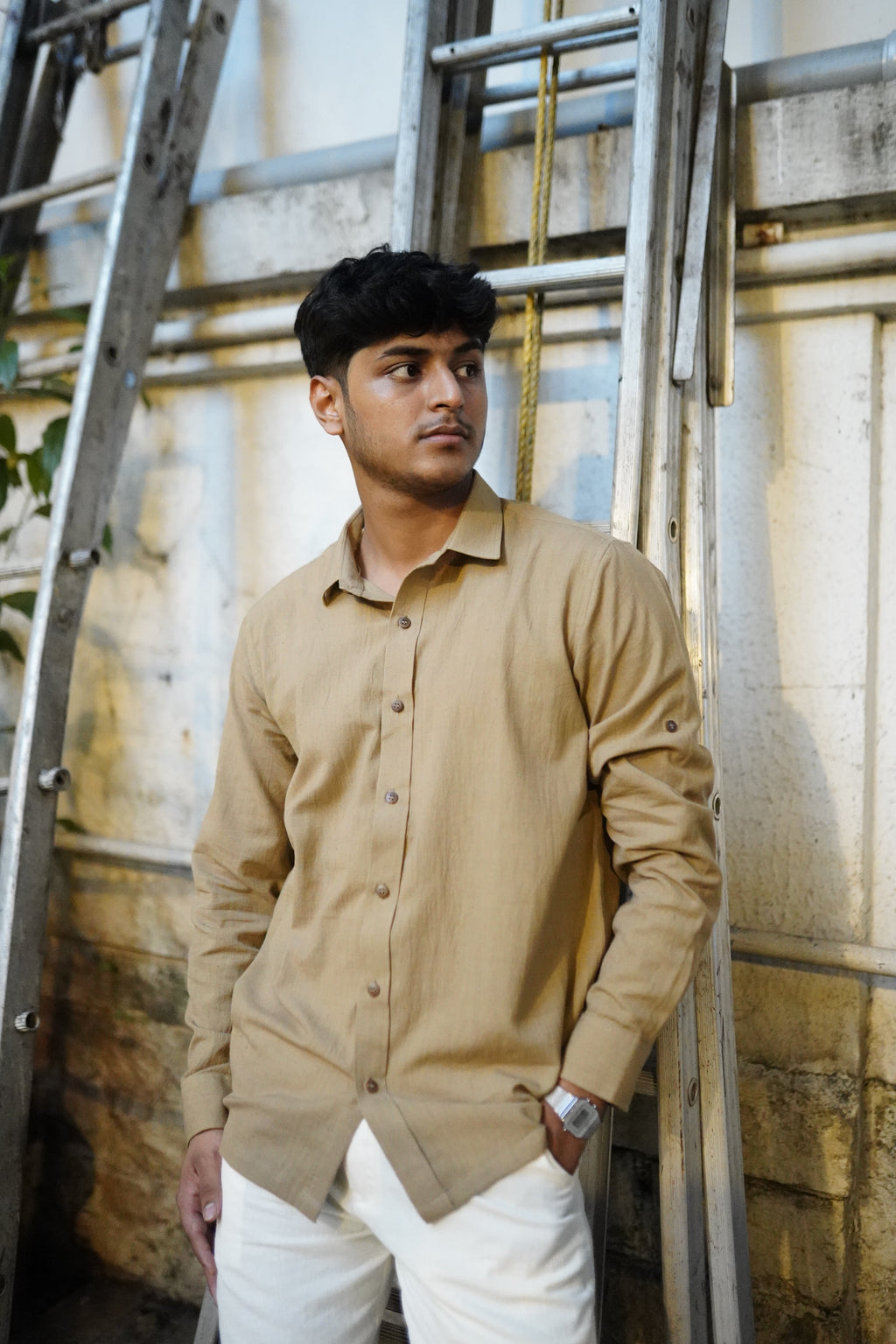 Khadi Shirt for Men – No Pocket, Full Sleeves – Desert Khaki