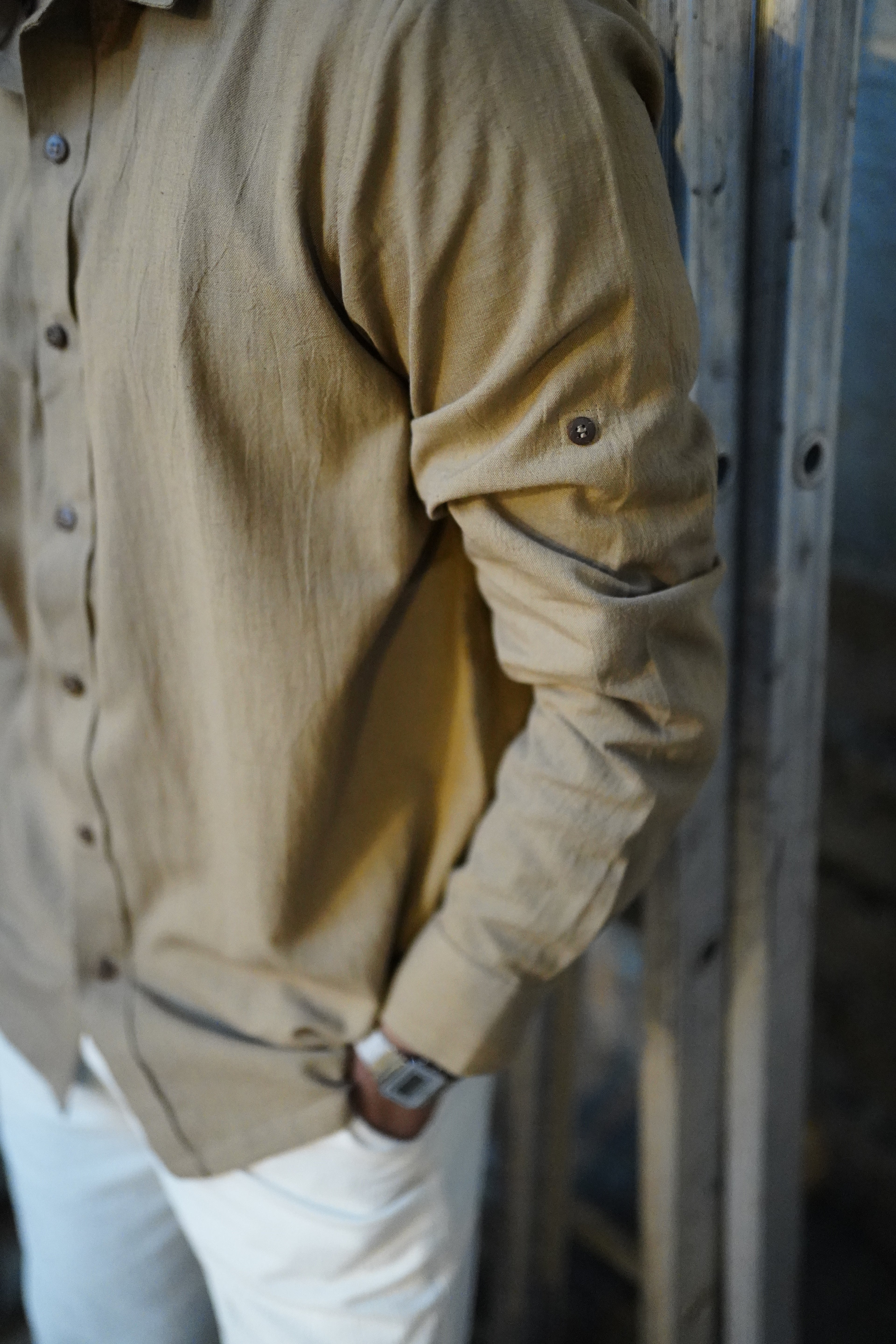 Khadi Shirt for Men – No Pocket, Full Sleeves – Desert Khaki