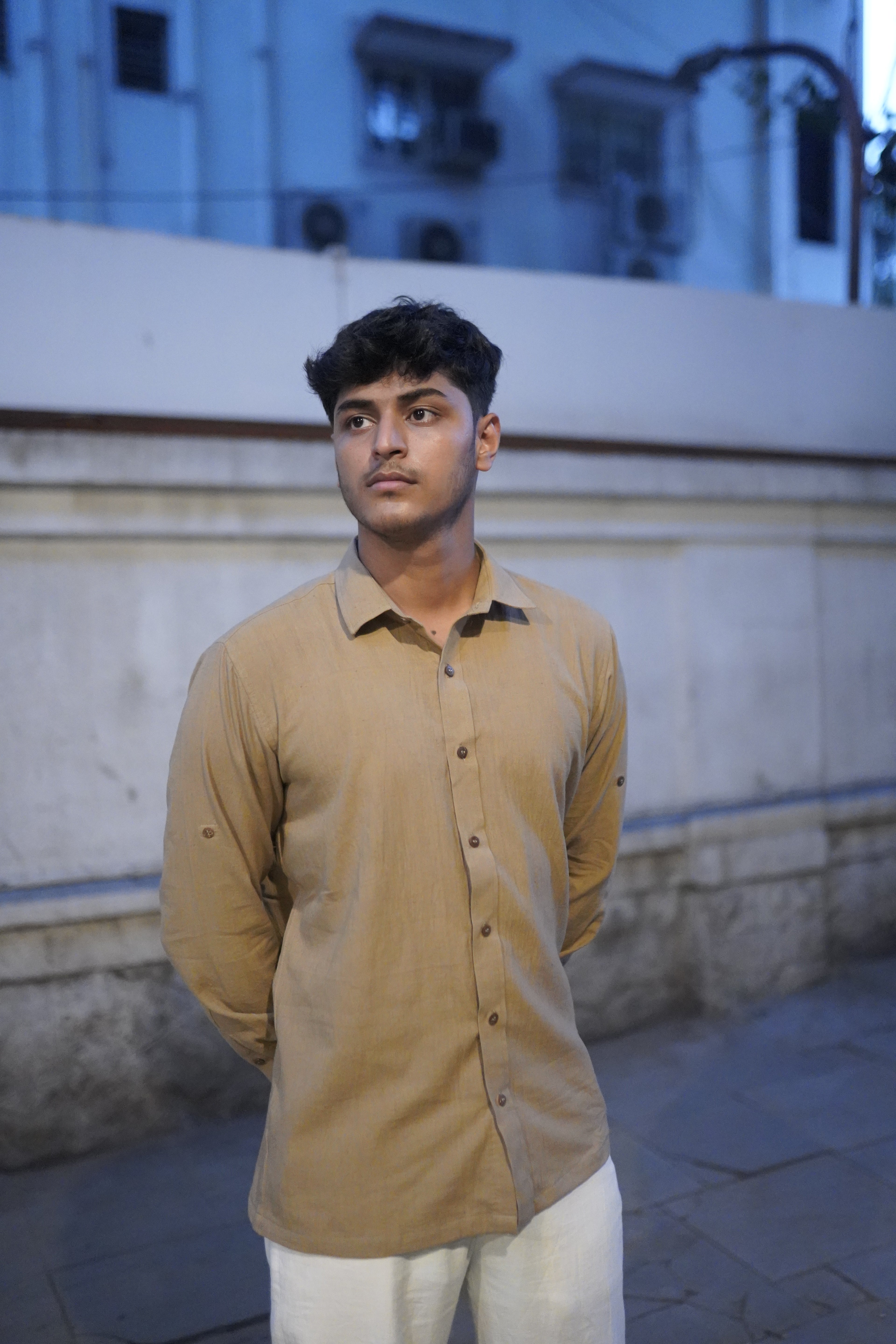 Khadi Shirt for Men – No Pocket, Full Sleeves – Desert Khaki