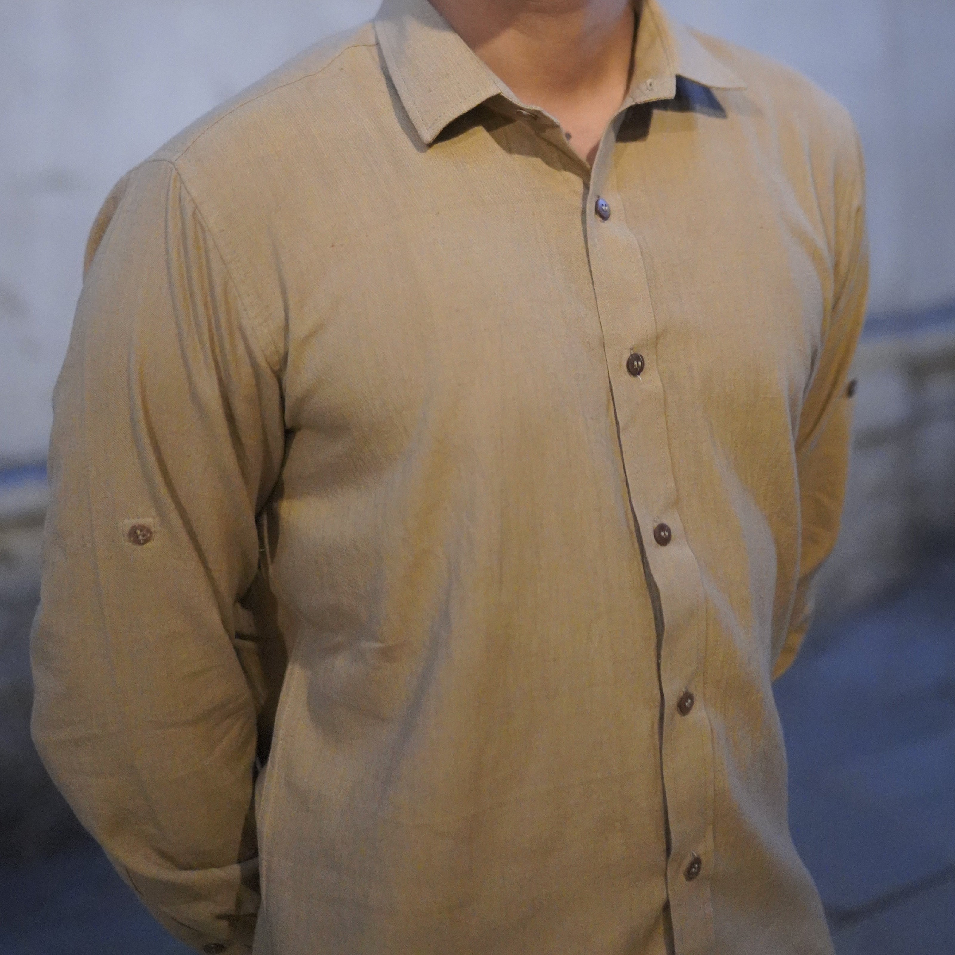 Khadi Shirt for Men – No Pocket, Full Sleeves – Desert Khaki