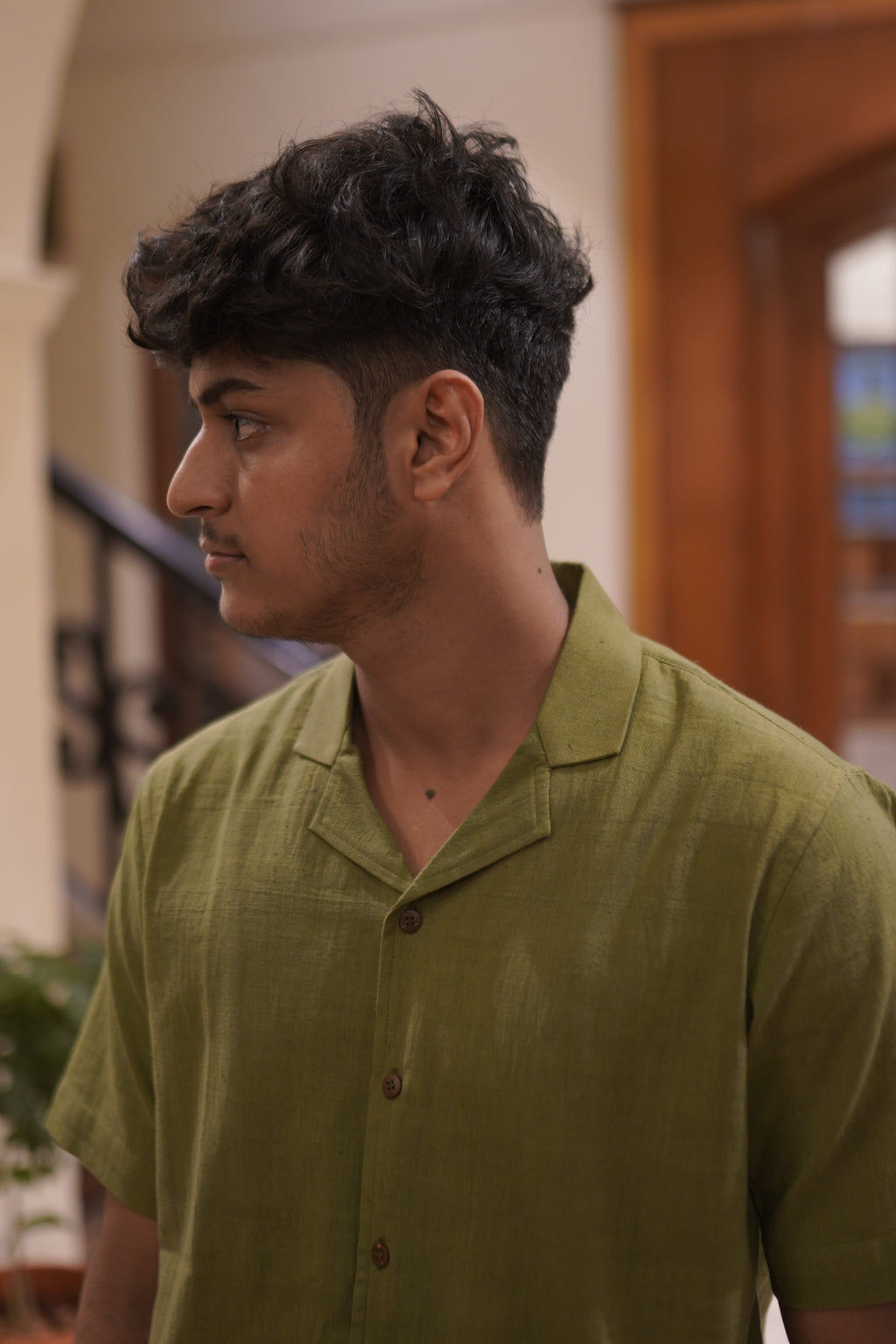 Khadi Half Sleeves Shirt for Men – Cuban Collar - Olive Green