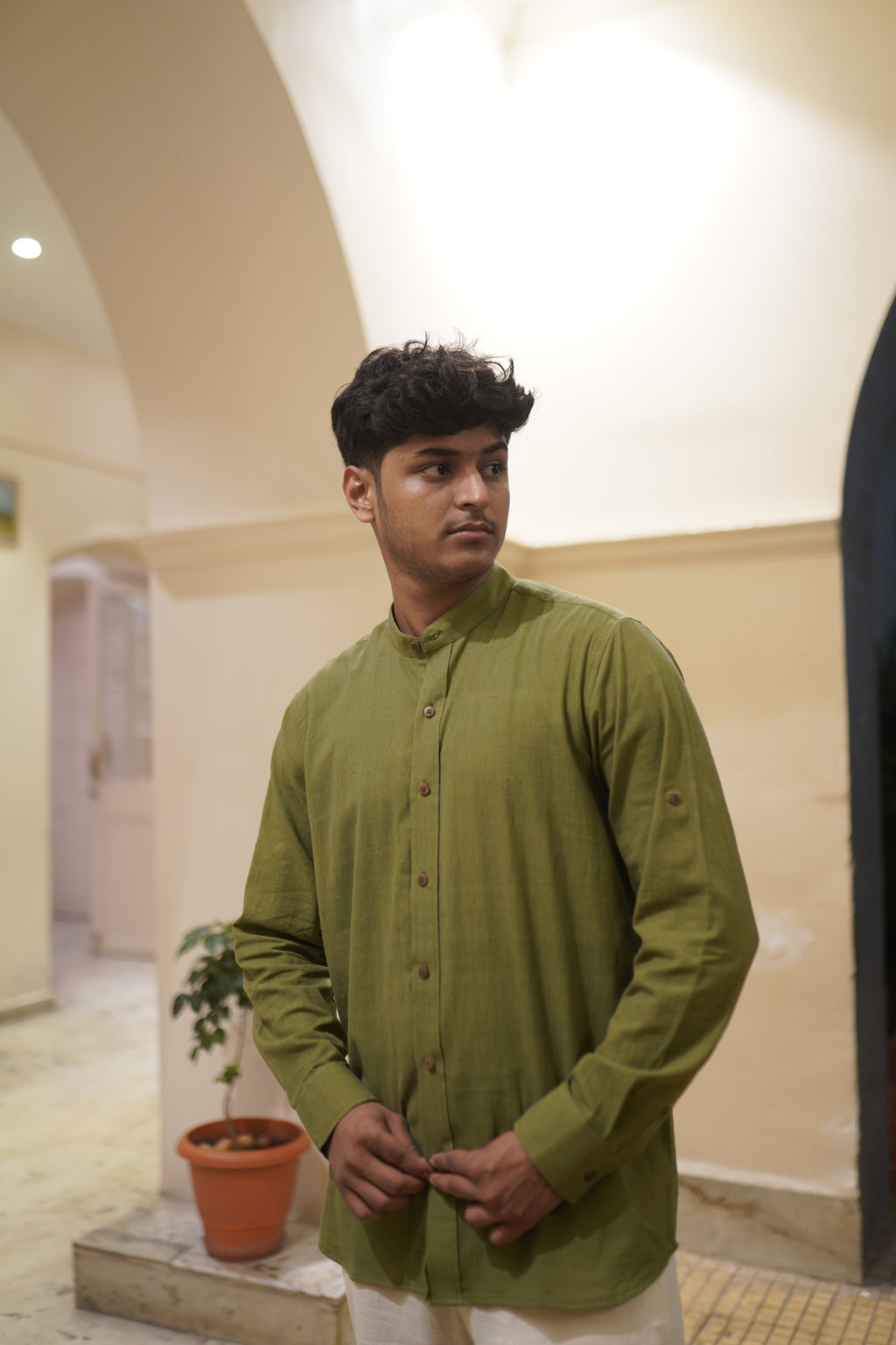 Khadi Shirt for Men – Mandarin Collar, No Pocket, Full Sleeves – Olive Green
