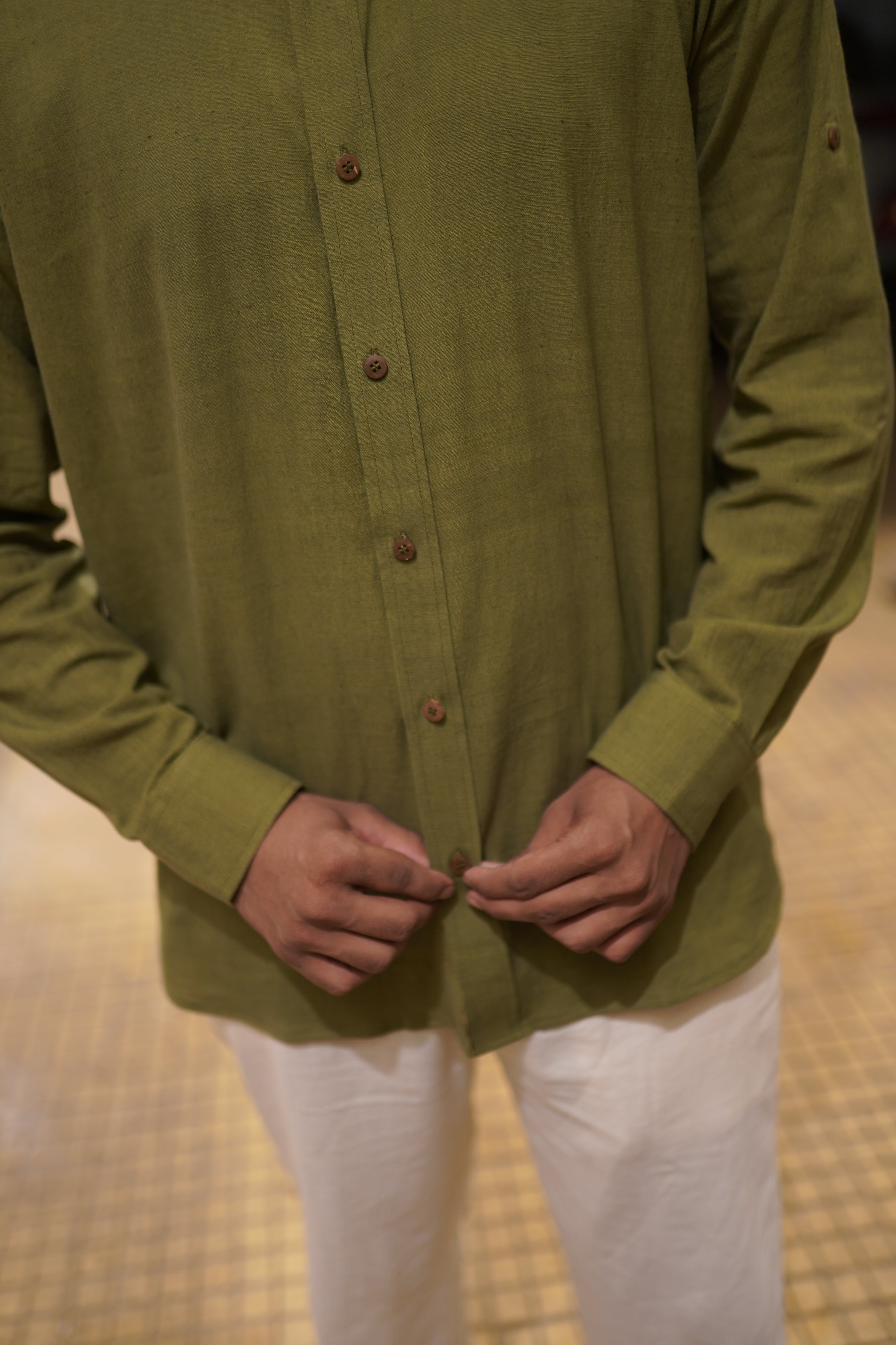Khadi Shirt for Men – Mandarin Collar, No Pocket, Full Sleeves – Olive Green