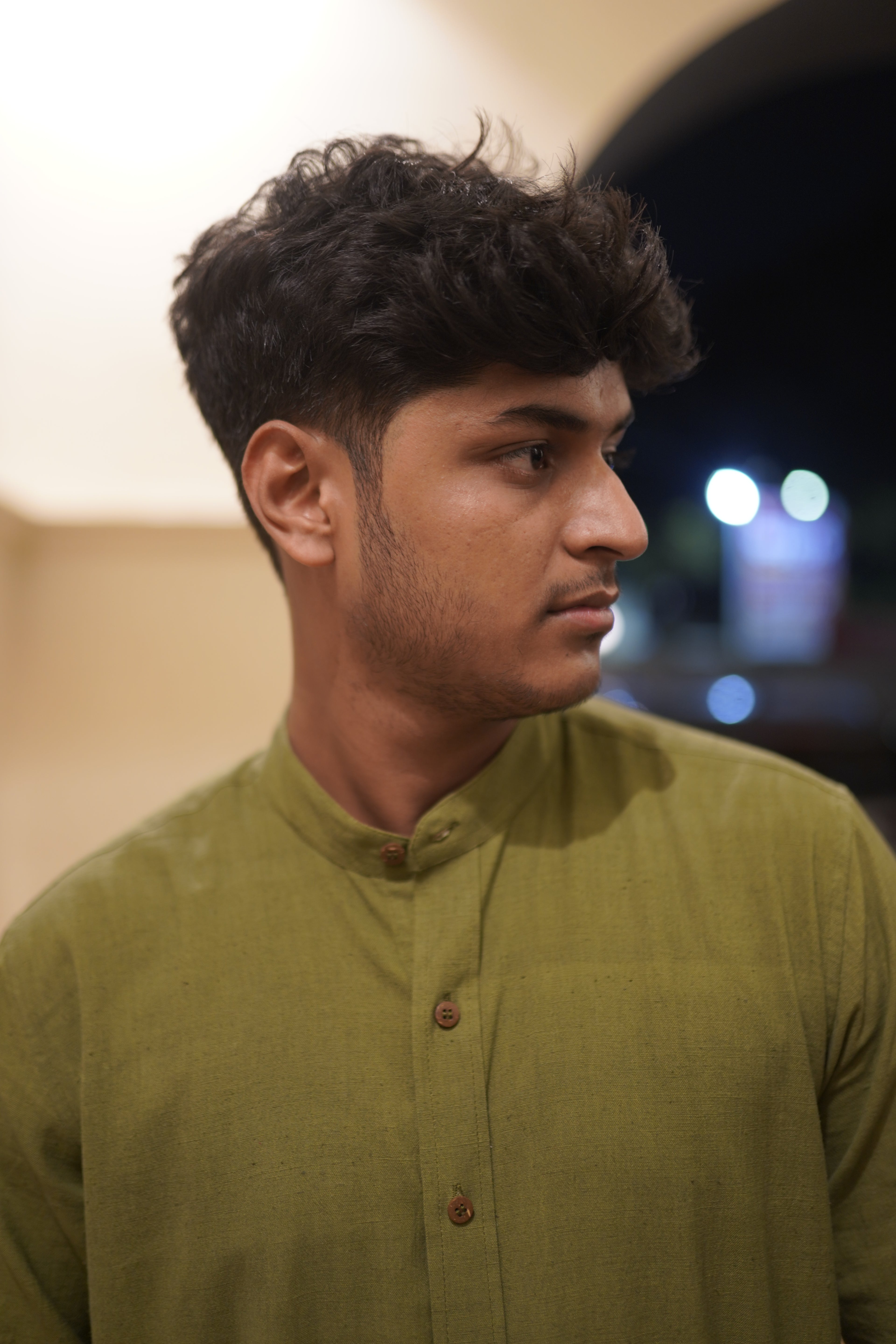 Khadi Shirt for Men – Mandarin Collar, No Pocket, Full Sleeves – Olive Green