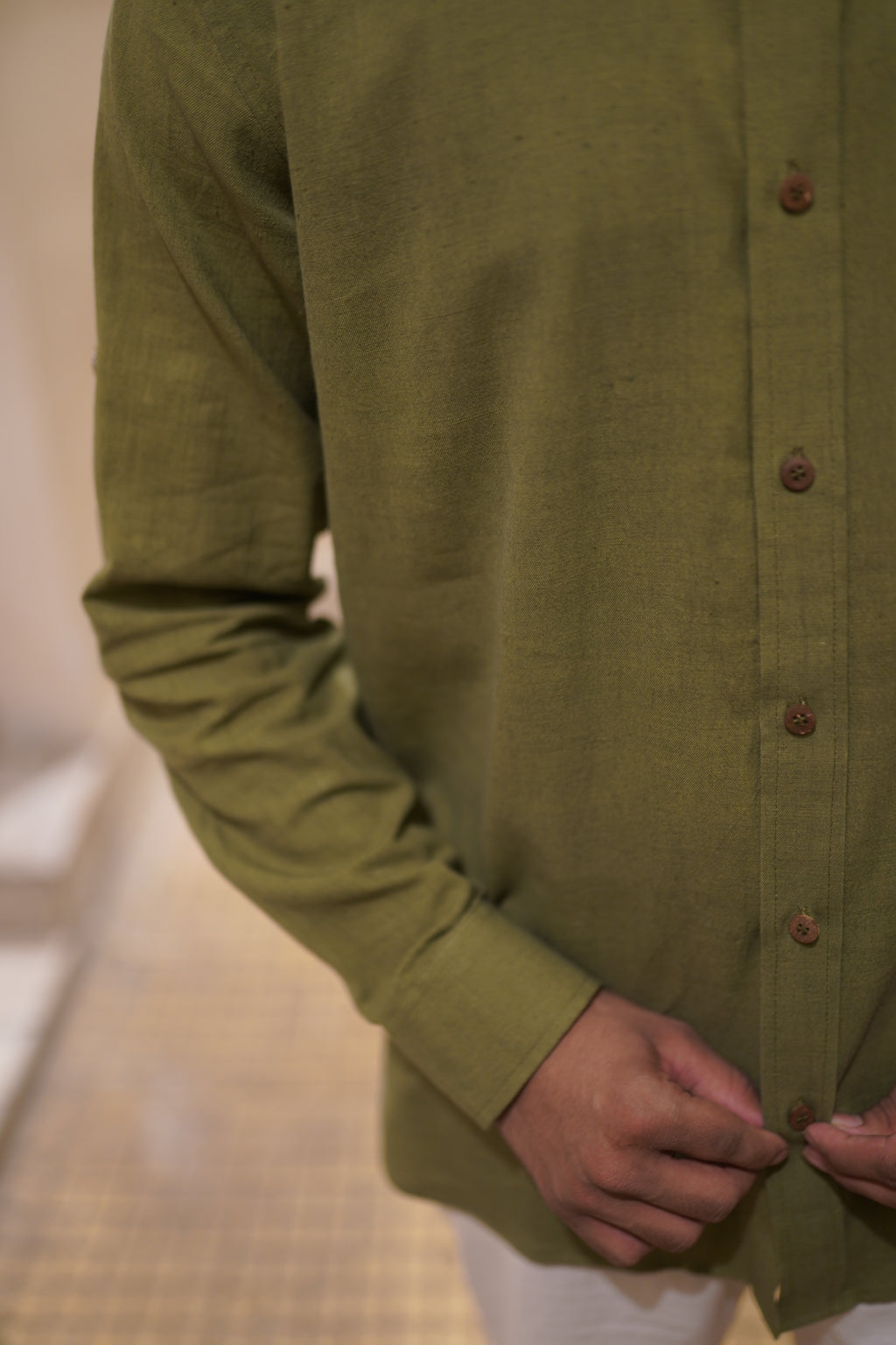 Khadi Shirt for Men – Mandarin Collar, No Pocket, Full Sleeves – Olive Green
