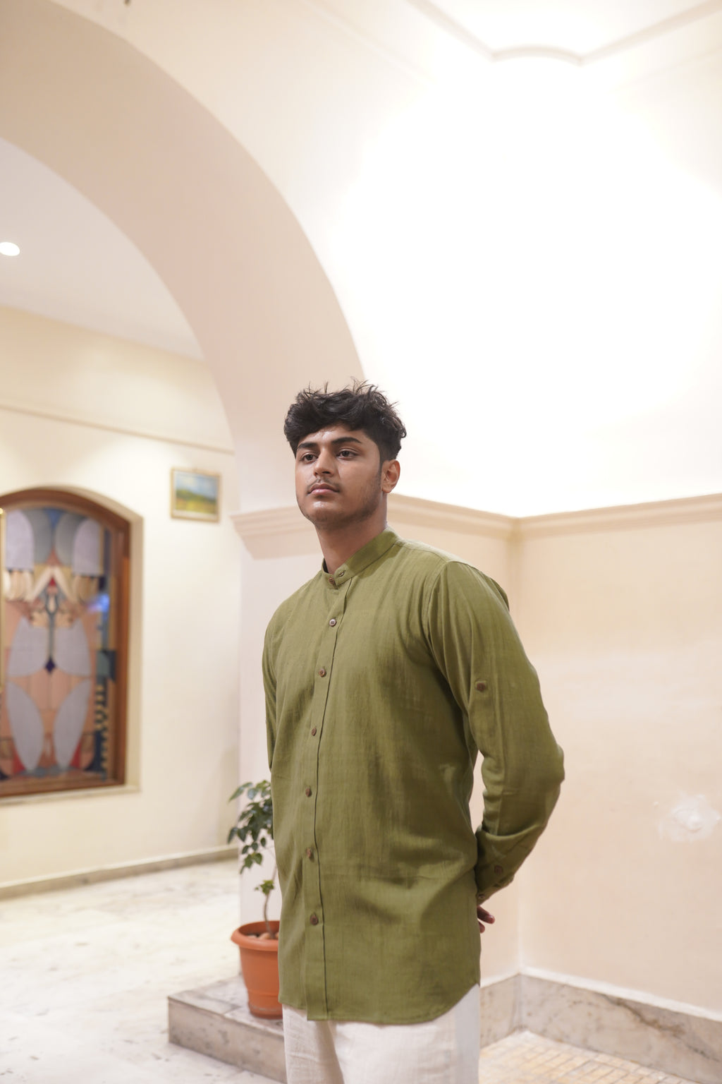 Khadi Shirt for Men – Mandarin Collar, No Pocket, Full Sleeves – Olive Green