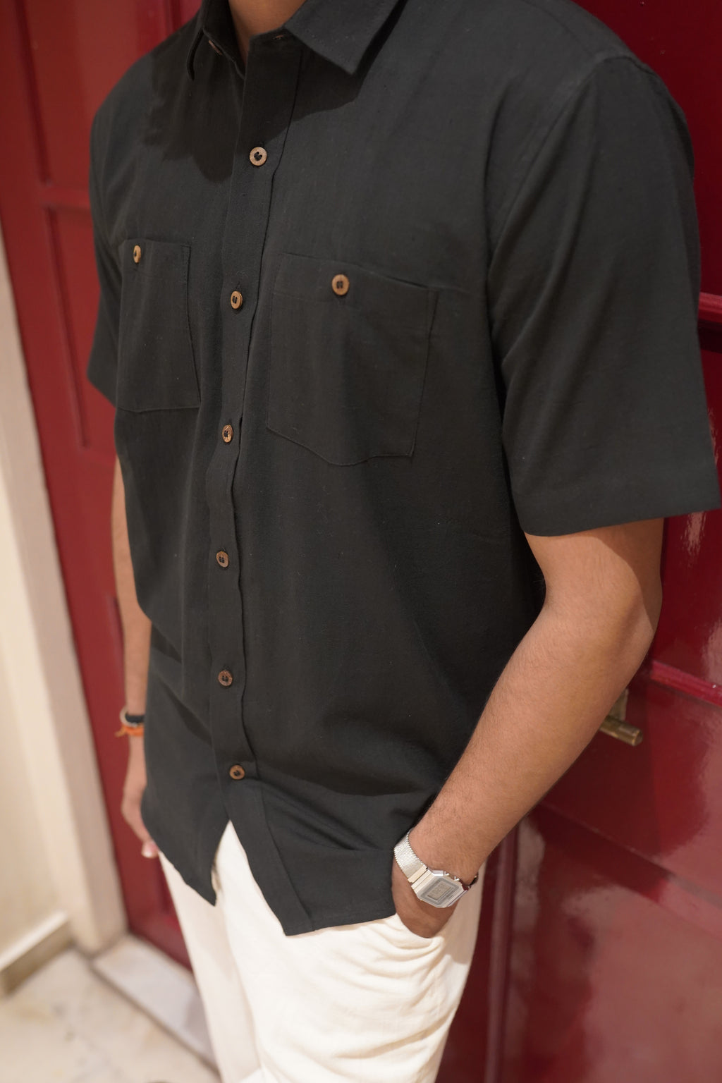 Khadi Half Sleeves Shirt for Men – Double Pocket - Black