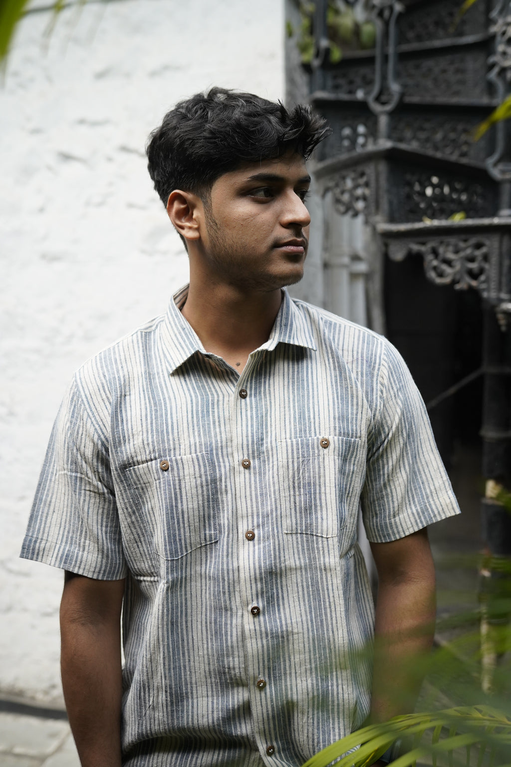 Kala Cotton Shirt for Men –  Double Pocket, Half Sleeves – Blue & White Stripes