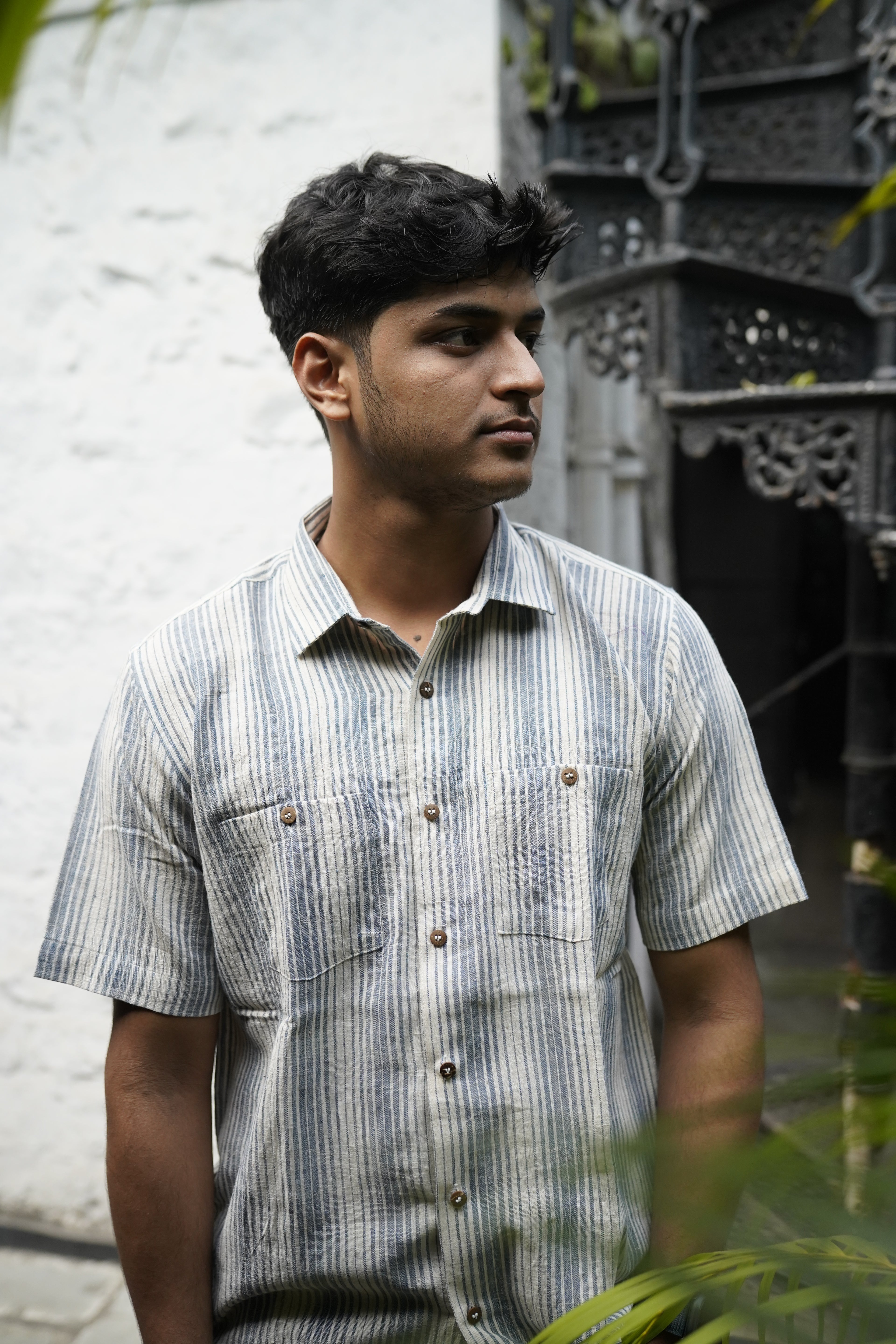 Kala Cotton Shirt for Men –  Double Pocket, Half Sleeves – Blue & White Stripes