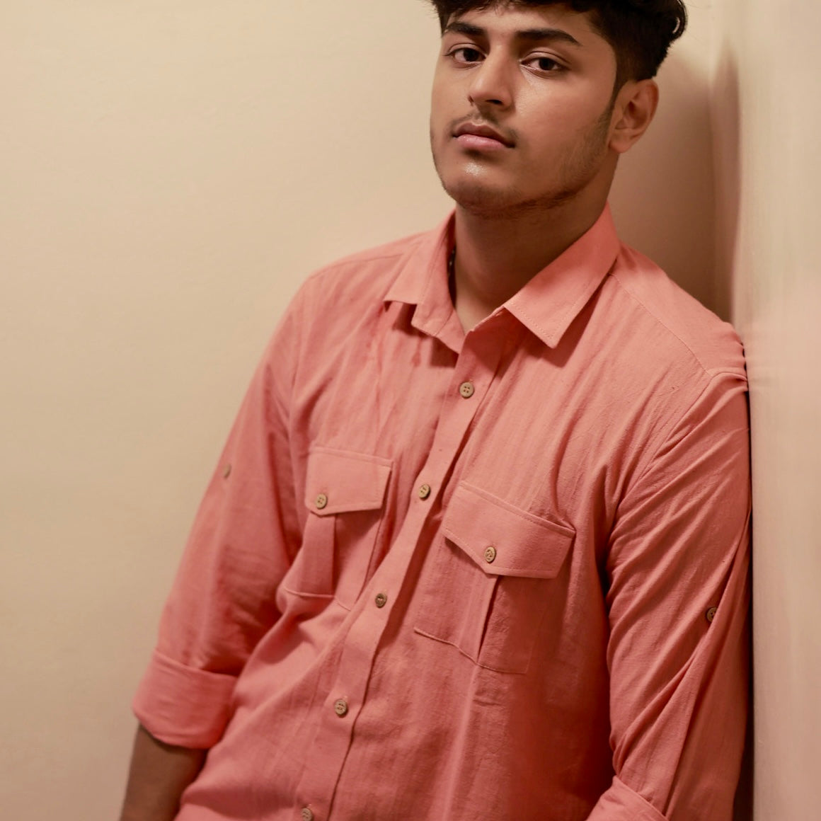 Khadi Shirt for Men – Double Pocket, Full Sleves- Orange