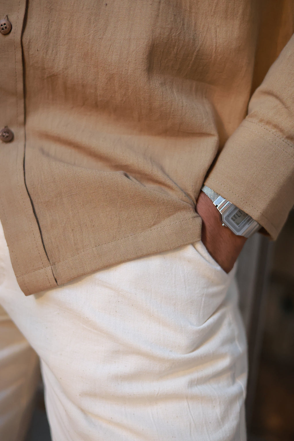 Khadi Shirt for Men – No Pocket, Full Sleeves – Desert Khaki