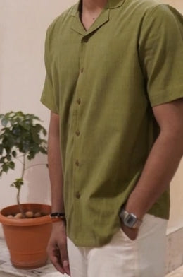 Khadi Half Sleeves Shirt for Men – Cuban Collar - Olive Green
